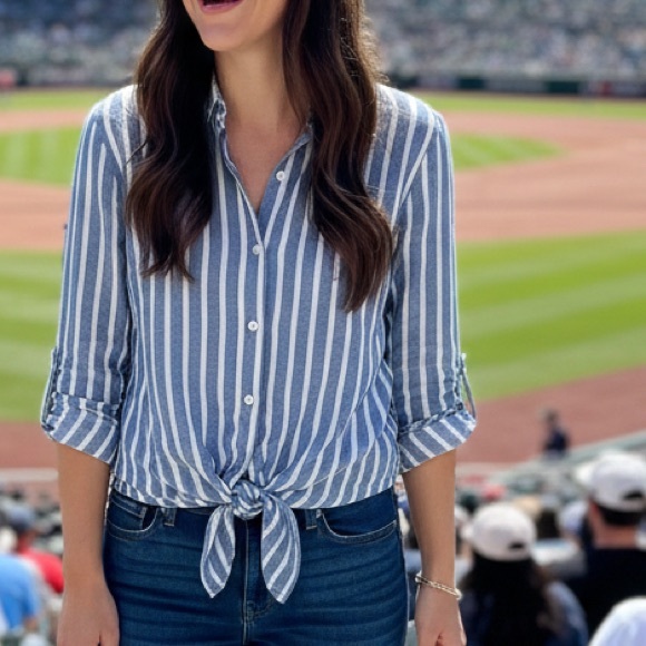 Lola River Tencel Linen Women’s Button Tie Front Collared Pockets Striped Shirt - Picture 1 of 11